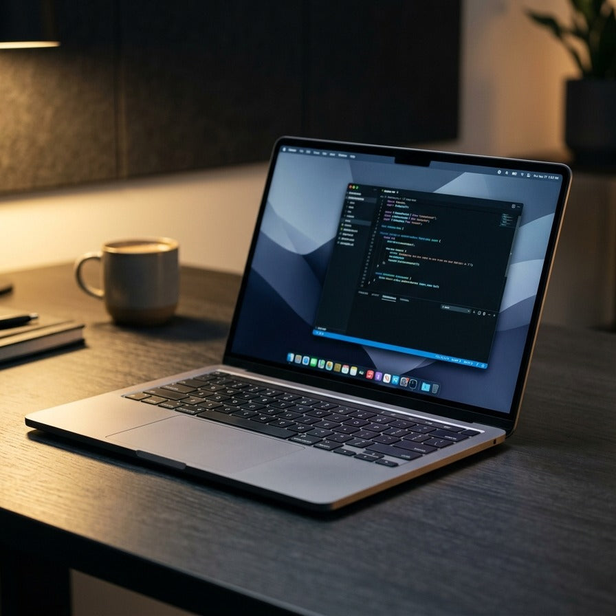 A laptop open on a desk with a code editor on screen