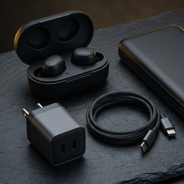 SonicPods ANC earbuds with charger and cable