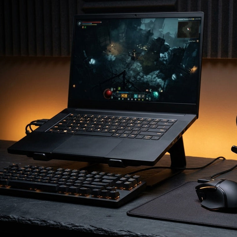 Apex Gaming Laptop X7 on a riser with keyboard and mouse
