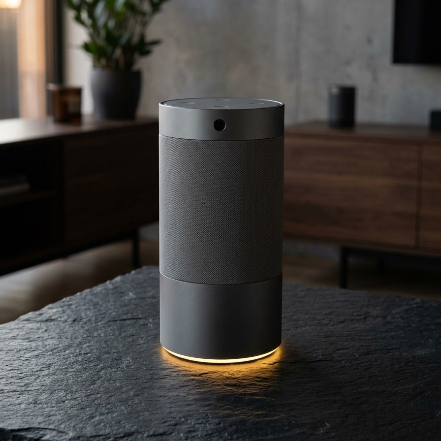 Halo smart speaker on a sideboard